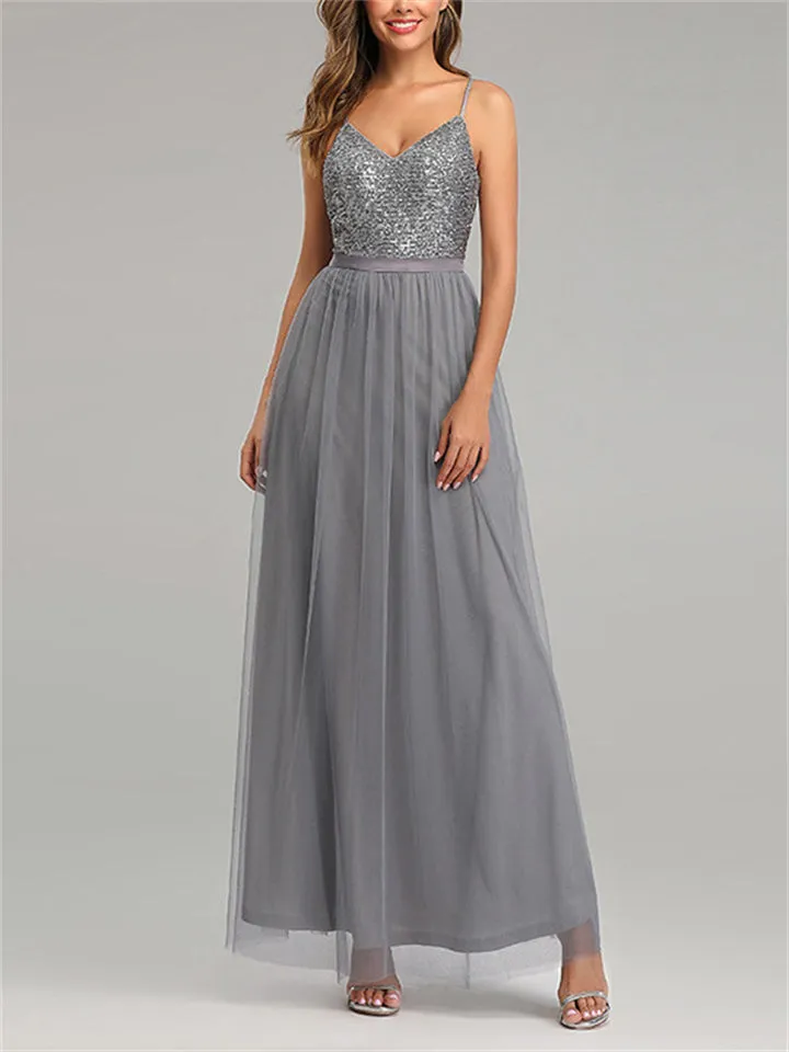 Women's Spaghetti Strap High Waist Mesh Sequined Evening Dresses