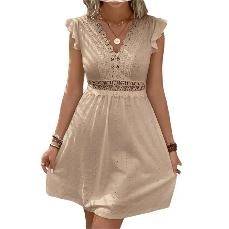 Women's V Neck Lace Mini Dresses Casual Summer Ruffle Sleeve Crochet Sundresses