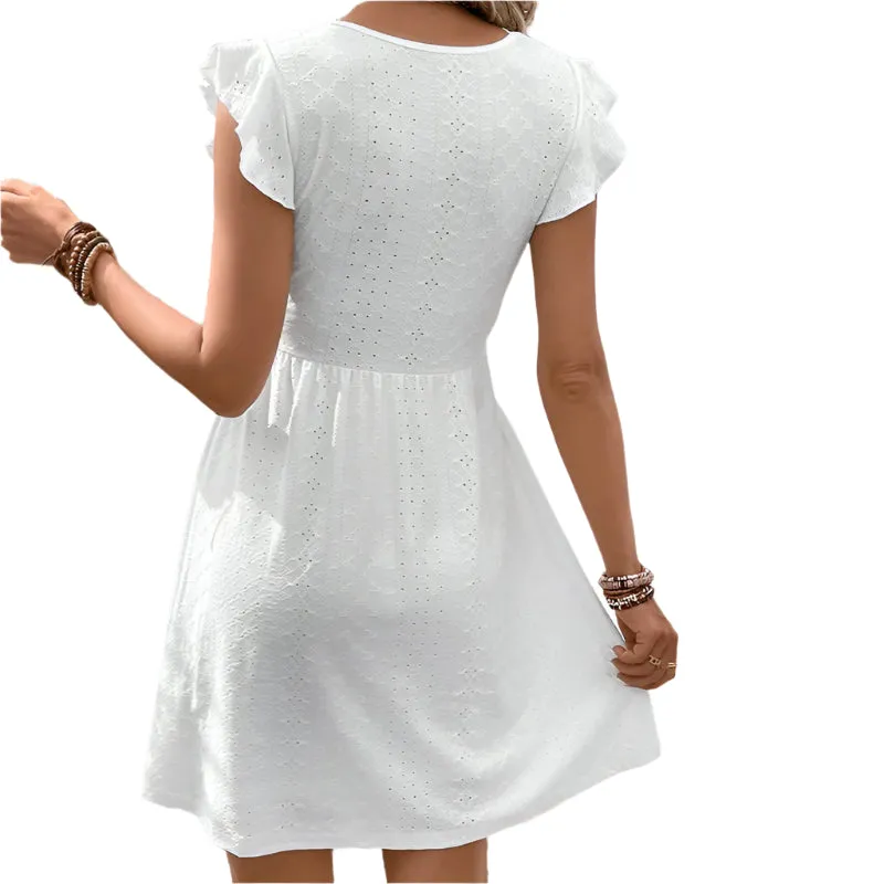 Women's V Neck Lace Mini Dresses Casual Summer Ruffle Sleeve Crochet Sundresses