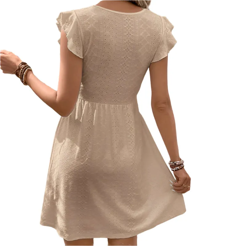 Women's V Neck Lace Mini Dresses Casual Summer Ruffle Sleeve Crochet Sundresses