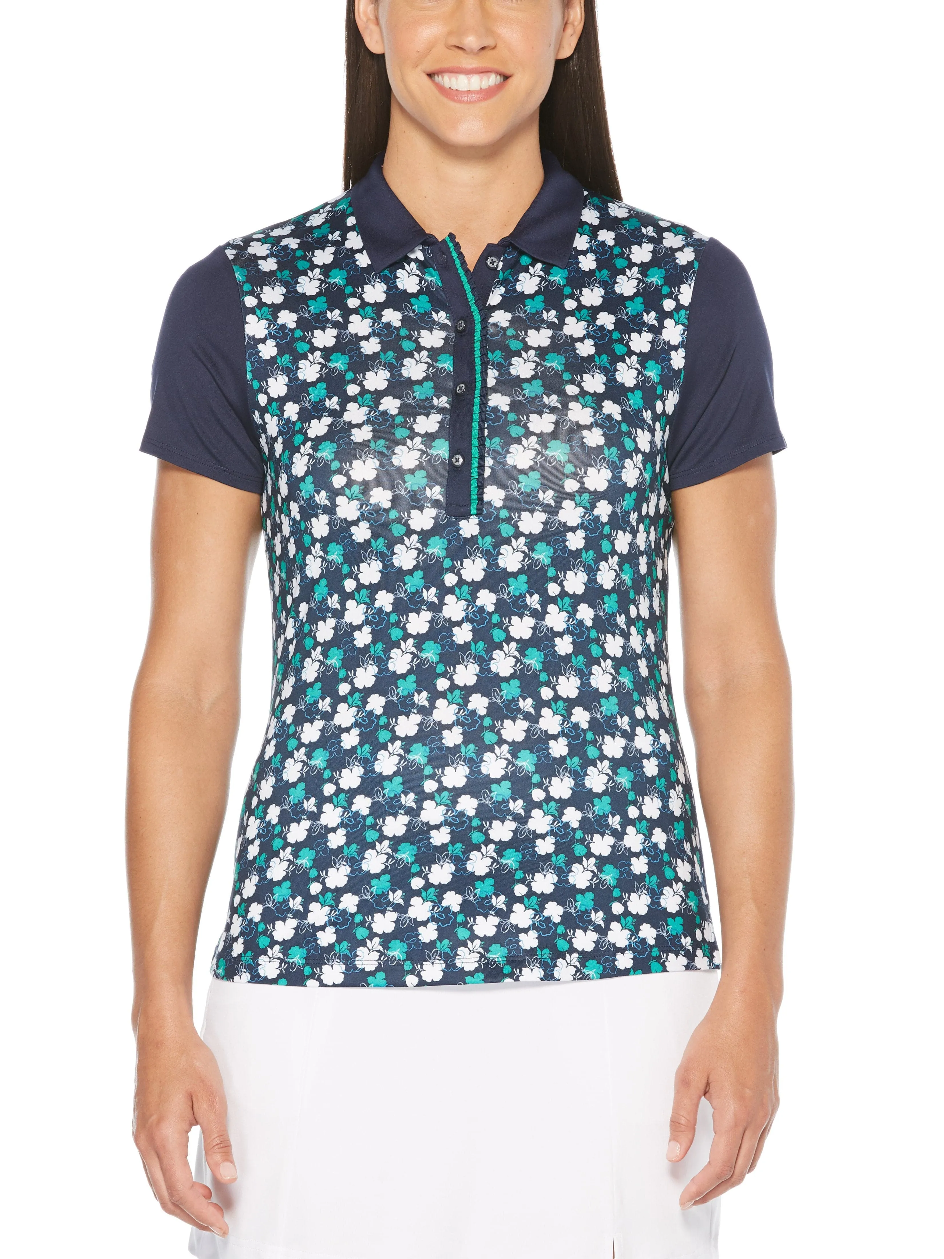 Womens Ventilated Mini Floral Print Polo