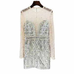 Womne Diamond Glamorous Mini Dress Sequined Long Sleeve Short Prom Dress