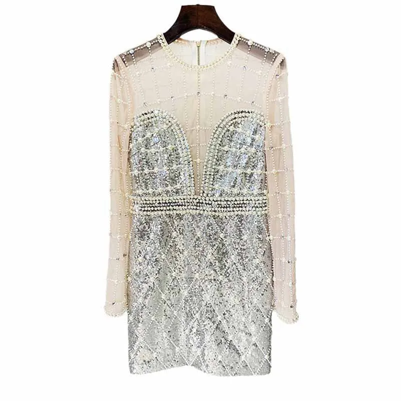 Womne Diamond Glamorous Mini Dress Sequined Long Sleeve Short Prom Dress